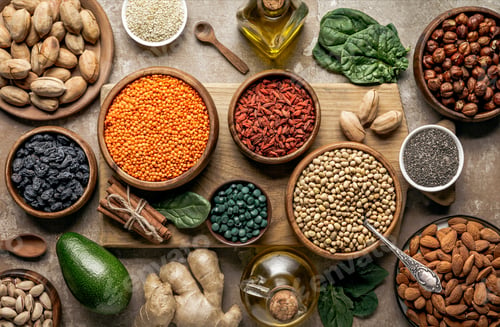 Preview: flat lay of wooden board with legumes, goji berries and healthy ingredients on table