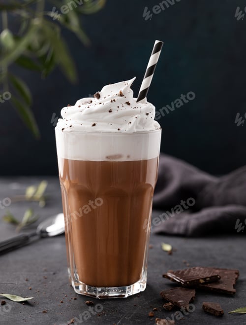 Preview: Hot chocolate with whipped cream and chocolate pieces in a glass on a dark background with a branch