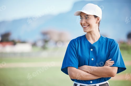 Preview: Sports, baseball and woman with arms crossed on a field for training, match or fitness goals on blu