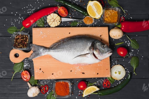 Preview: Raw fish cooking and ingredients. Dorado, lemon, herbs and spices. Top view with copy space on table