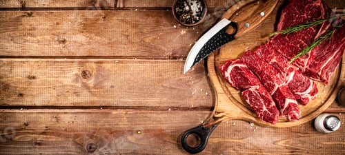 Preview: Raw beef on a cutting board with rosemary and spices.