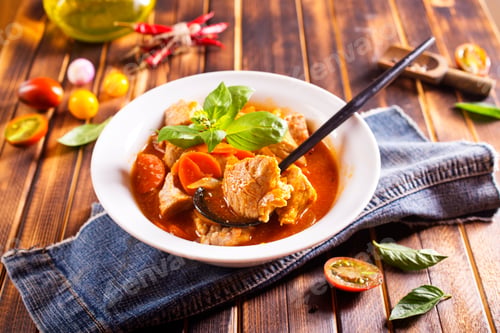 Preview: Homemade meat and vegetable stew or soup with tomato