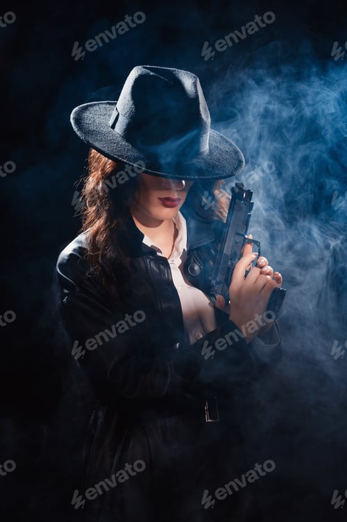 Preview: Silhouette: a female detective in a coat and hat with a gun in her hands. Dramatic noir portrait