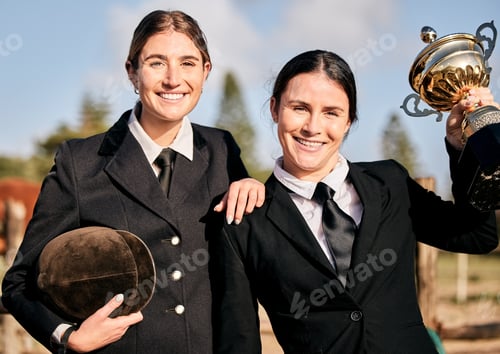 Preview: Portrait, young and equestrian for champion in competition for horse riding with smile at ranch. Ca