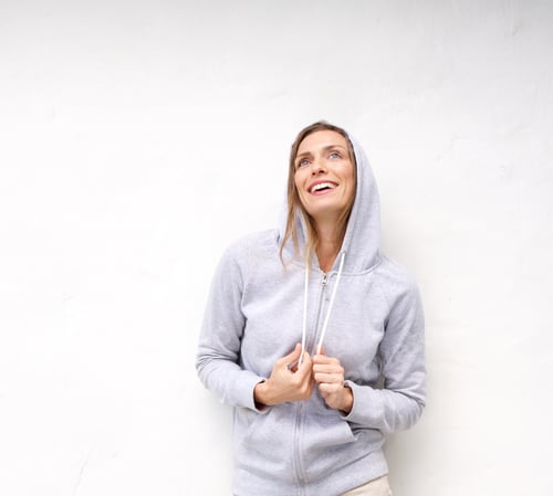 Preview: Cool older woman laughing with hood sweatshirt