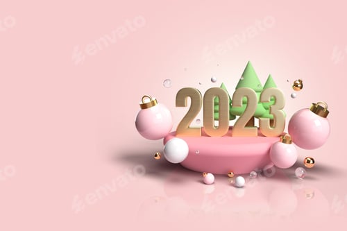 Visualização: Natal e Ano Novo de 2023 em fundo rosa. Design 3D realista
