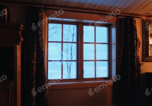 Preview: cabin window with view on a snow covered landscape
