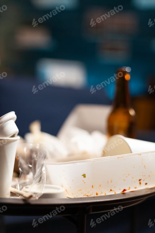 Preview: Dirty empty living room with food trash, bottle of beer and napkins on blue sofa