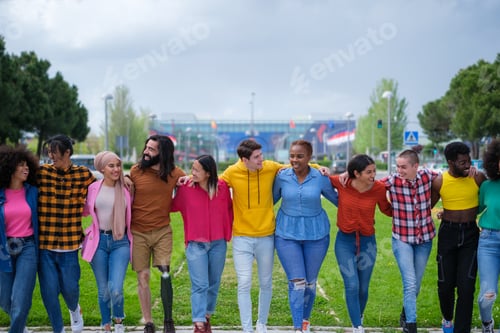 Preview: Group of people of different ethnicities walking together and enjoying
