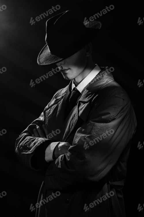 Preview: a dark silhouette of a man in a raincoat and hat with his head down in the style of crime noir.