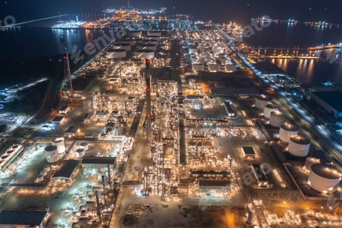 Preview: Aerial view of petrochemical oil refinery and sea in industrial engineering concept in Bangna