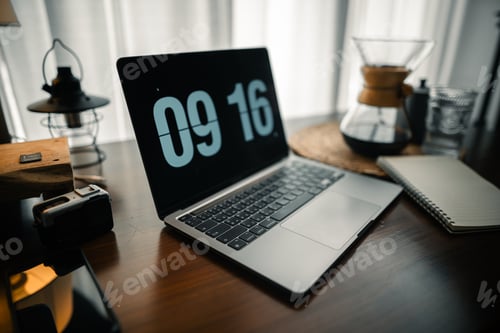 Preview: Home computer desk and digital clock on screen
