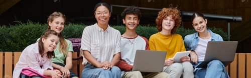 Preview: banner, teenage students with gadgets and african american teacher, look at camera, diversity