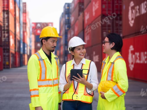 Preview: woman man female male person people human group teamwork talk speak consult shipping cargo logistic
