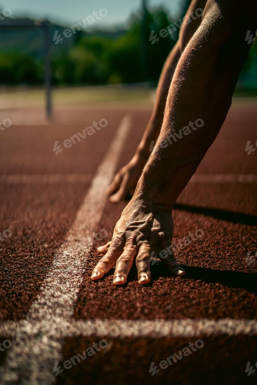 Preview: Vertical shot of the hands in a starting position on an athletics track