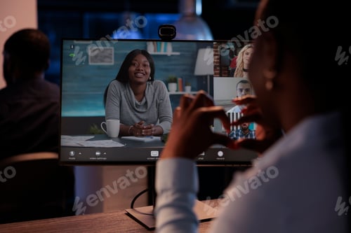 Preview: Female freelancer meeting on online teleconference chat with business people