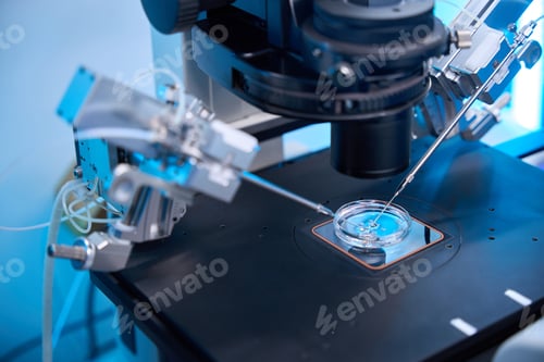 Preview: Detailed view of an embryo dish under micromanipulator