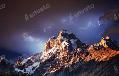 Preview: Fantastic collage. Beautiful lightning over the snow-capped