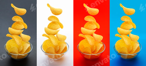 Preview: Potato chips falling into glass bowl isolated on white background, flying potato crisps