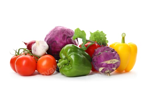 Preview: Heap of fresh ripe vegetables on white background. Organic food