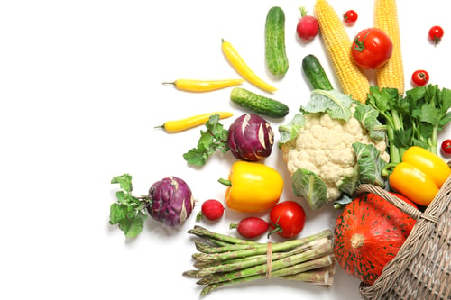 Preview: Flat lay composition with fresh vegetables on white background