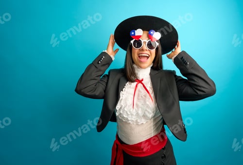 Preview: Chilean woman celebrating national holiday with traditional clothing and patriotic glasses