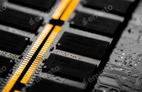 Preview: Macro Close up of computer RAM chip and motherboard