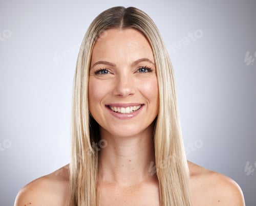 Preview: Woman, blonde beauty and hair in studio with shine, glow and rich keratin aesthetic, textures and c