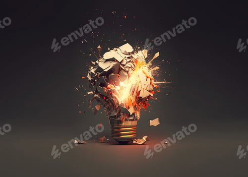 Preview: Creative light bulb explodes with sparks, fire and shards, creative idea. Thinking