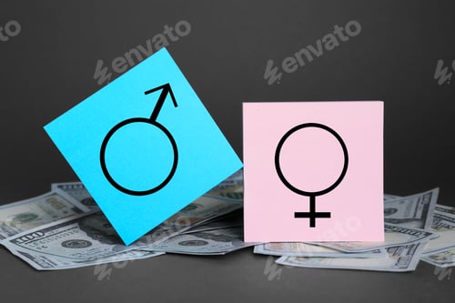 Preview: Gender pay gap. Male and female symbols on dollar banknotes against black background