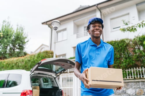Preview: Smiling delivery man holding a package, ready for customer deliveries.