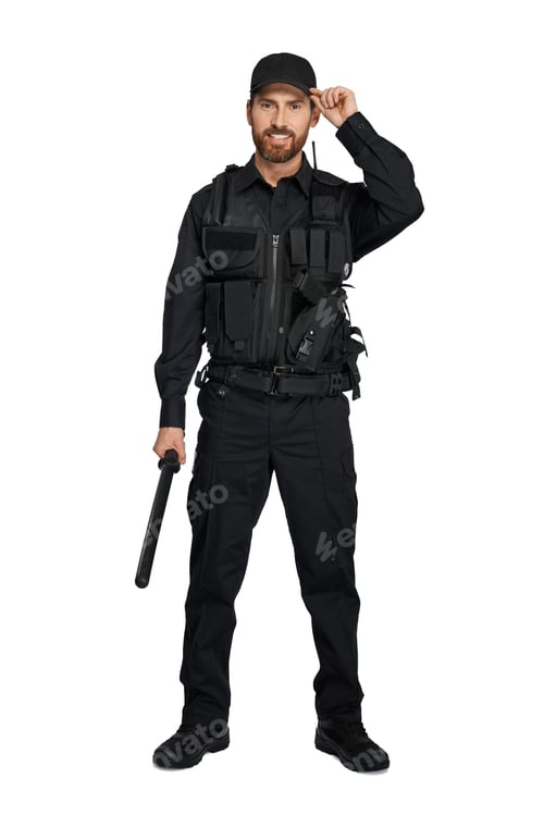 Man Wearing Black Uniform on White Background