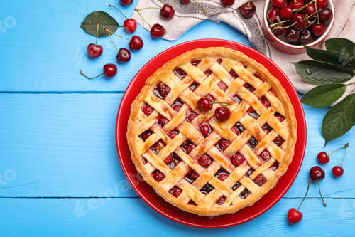 Preview: Tasty cherry pie and berries on light blue wooden table, flat lay
