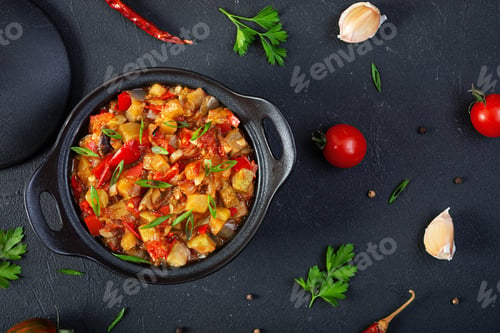Preview: Stewed vegetables with tomato sauce and herbs. Spicy vegetable stew