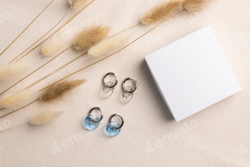 Preview: Elegant jewelry set of silver earrings with gem and gift box mock up copy space. Jewelry set
