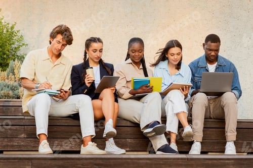 Preview: Multiracial group students sitting on bench, getting ready for class