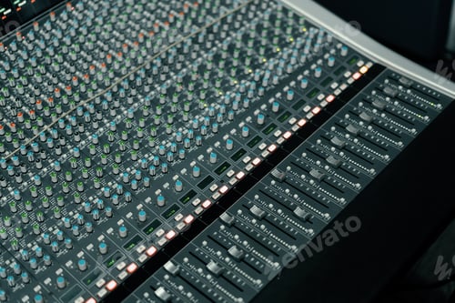 Preview: A recording studio control panel mixer with an equalizer faders buttons for broadcasting a recording