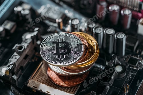 Preview: close up view of pile of bitcoins on computer motherboard