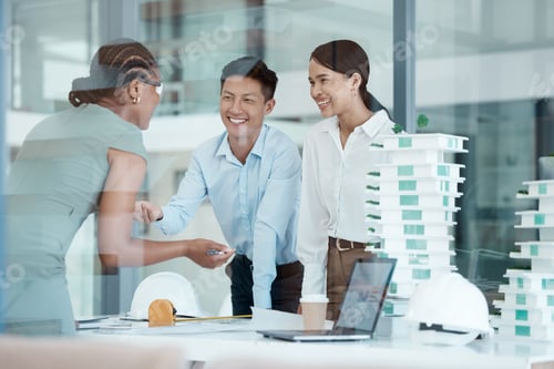 Preview: Architecture meeting, engineer or designer and laptop, blueprint paper or 3d office building model