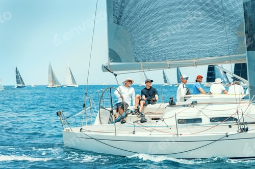 Preview: Sailboats races in regatta near Brindisi under blue sky. Crew members working together on deck