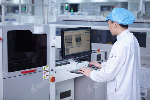 Preview: Worker using computer in factory that specialises in creating functional circuits on flexible