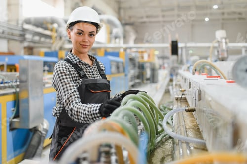 Preview: Female factory worker operating machinery in pvc windows and doors plant