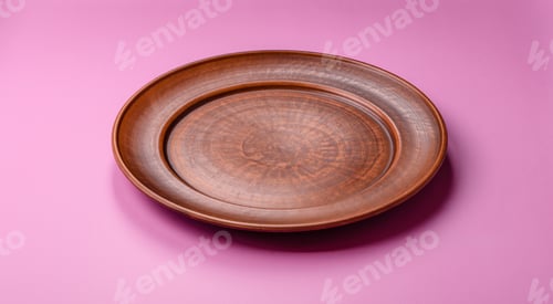 Preview: An empty round ceramic plate on a pink background as a kitchen utensil. An empty plate