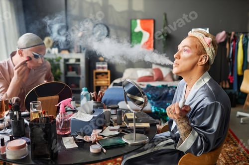Preview: Drag Queen Blowing Smoke Clouds Doing Makeup in Messy Hotel Room