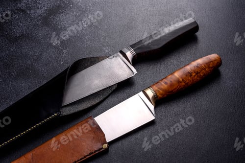 Preview: A large handmade hunting knife lying on a dark background