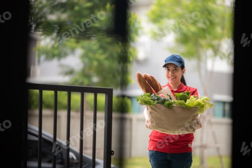 Preview: Delivery company worker holding grocery bag, food order, supermarket service
