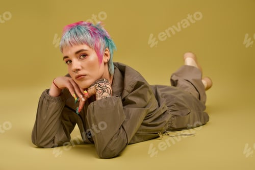 Preview: Creative young woman with vibrant dyed hair poses in a studio setting