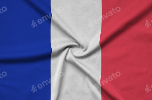 Preview: France flag is depicted on a sports cloth fabric with many folds. Sport team waving banner