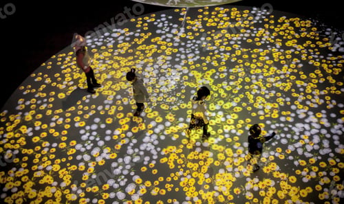 Preview: View of children standing on virtual flower field image projected in 3D light & sound show