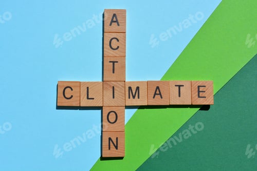 Preview: Climate Action, words in wood alphabet letters in crossword form isolated on green blue background